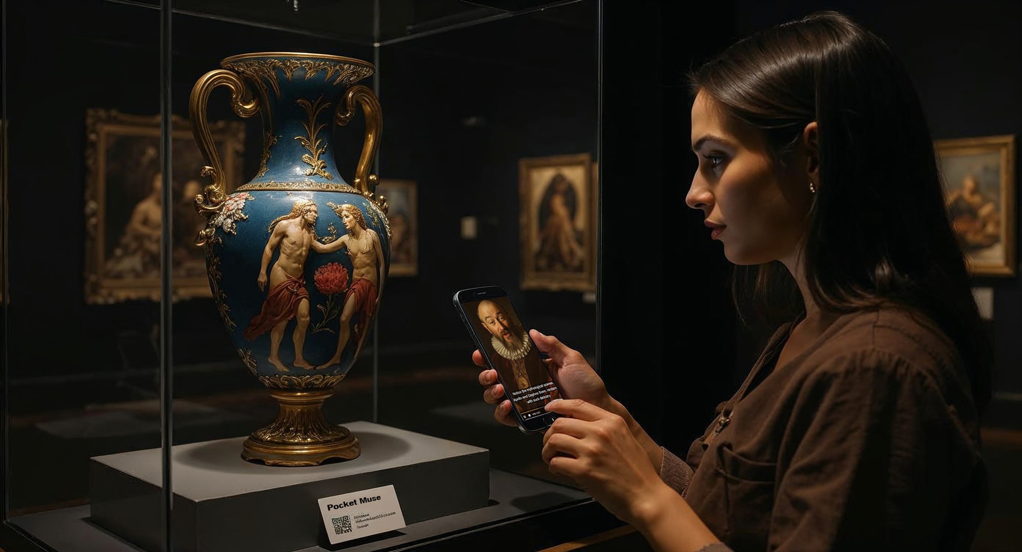 Museum visitor using smartphone to learn about ornate vase display